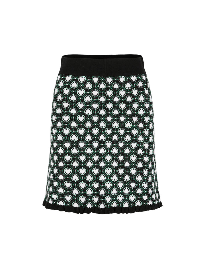 BORA AKSU Colorblock Ruffle Hem Knitted Heart Jacquard Knee-Length Pencil Skirt