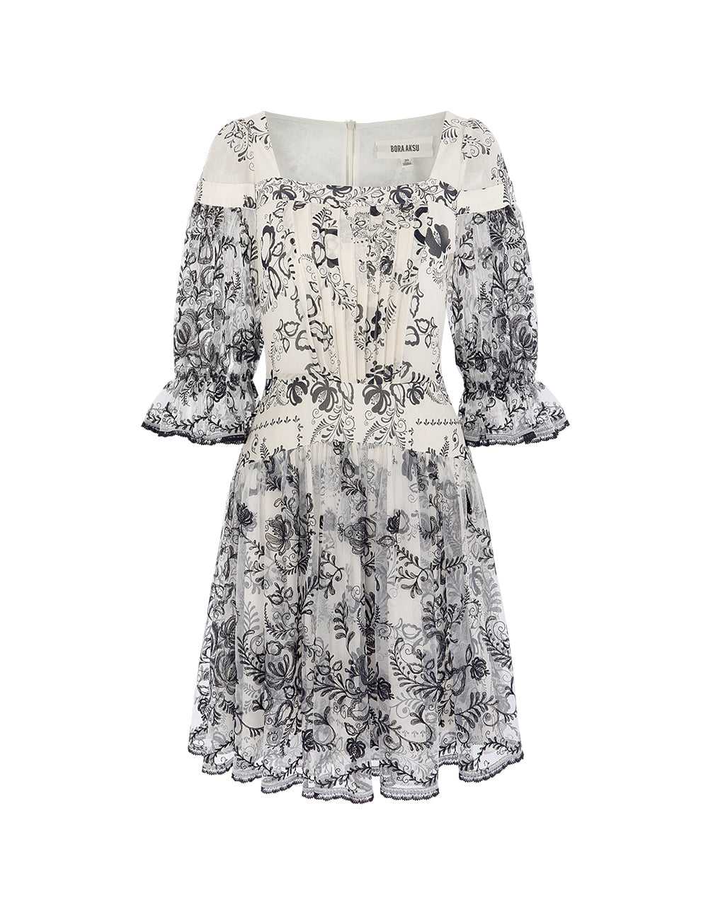 BORA AKSU Puff Sleeve Embroidered Mesh Print Dress