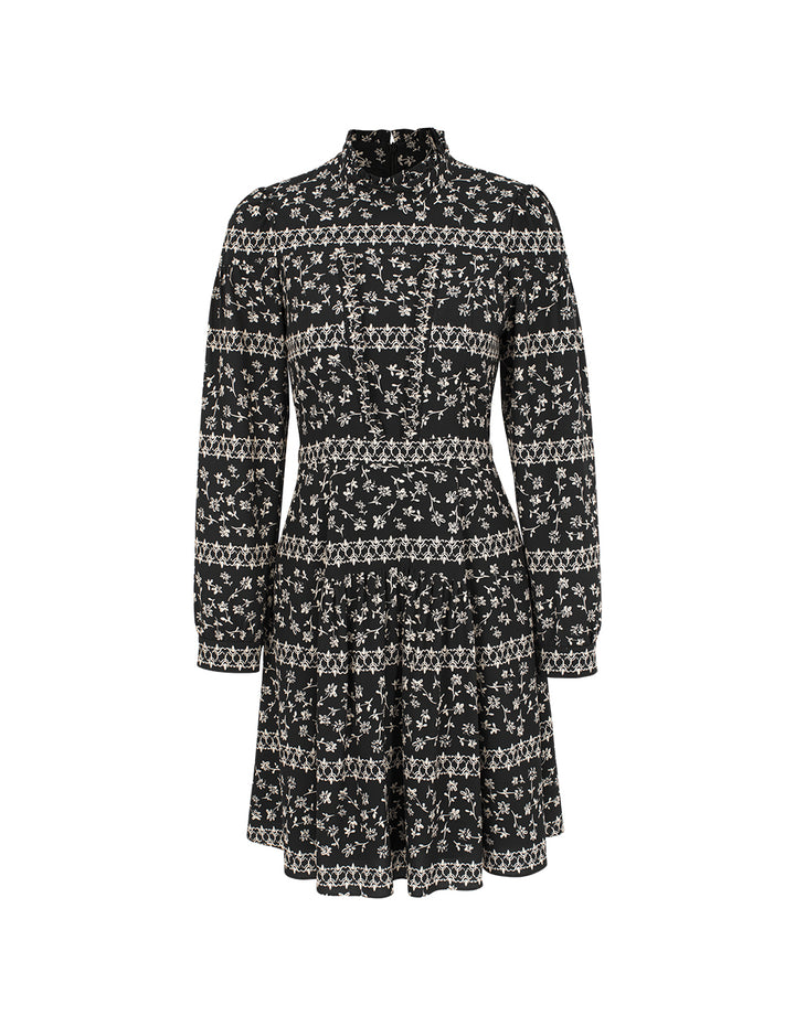 BORA AKSU Mandarin Collar Floral Print Long Sleeve A-Line Midi Dress