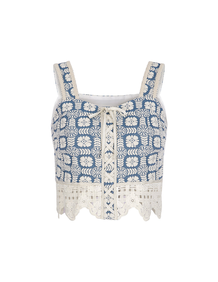 BORA AKSU Lace Patchwork Embroidered Denim Camisole