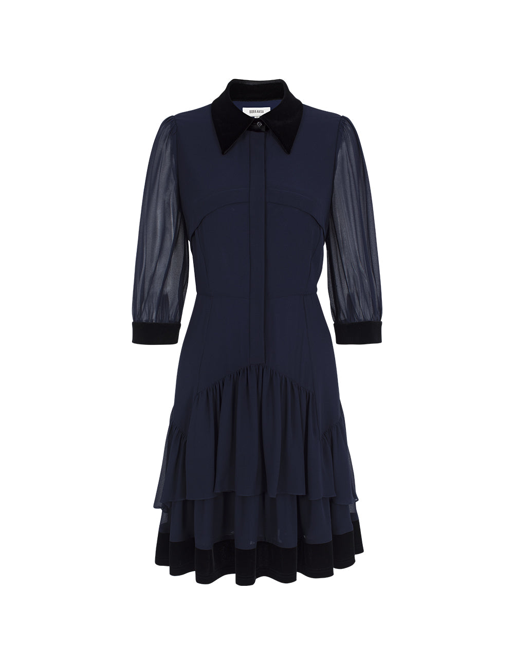 BORA AKSU Luxurious Velvet Collar Sheer Long Sleeve Multi-Layer Ruffle Midi Dress