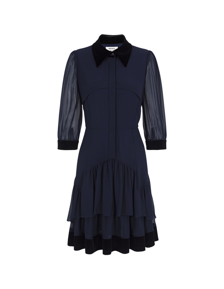 BORA AKSU Luxurious Velvet Collar Sheer Long Sleeve Multi-Layer Ruffle Midi Dress