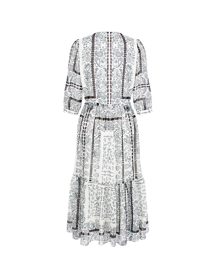 BORA AKSU V-Neck Puff Short Sleeve Paisley Print Flounce Midi Shift Dress