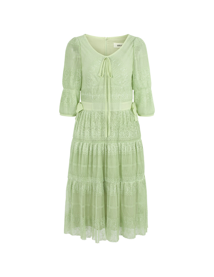 BORA AKSU V-Neck Puff Short Sleeve Tie Pleated Lace Midi Dress