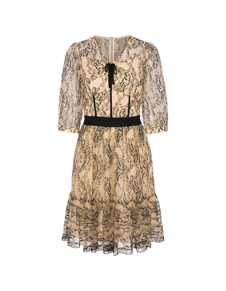 BORA AKSU Sheer V-Neck Lace Trim Floral Print Midi Dress