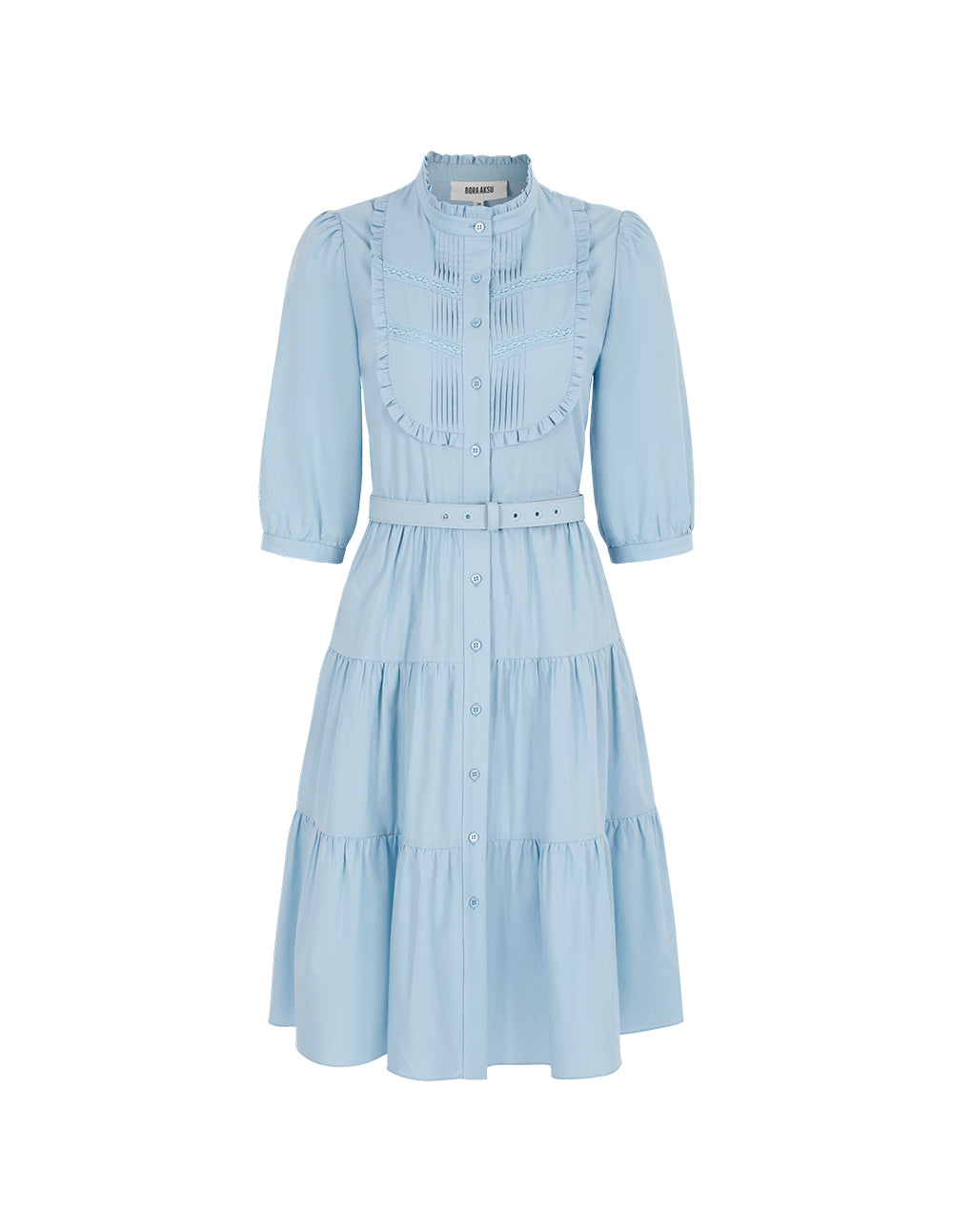 BORA AKSU Ruffled Stand-Collar Pin Tuck Puff Short-Sleeved Pleated Midi Dress