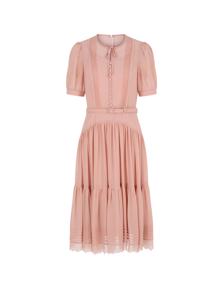 BORA AKSU Round Neck Pin Tuck Tulle Puff Short Sleeve A-Line Flounce Midi Dress