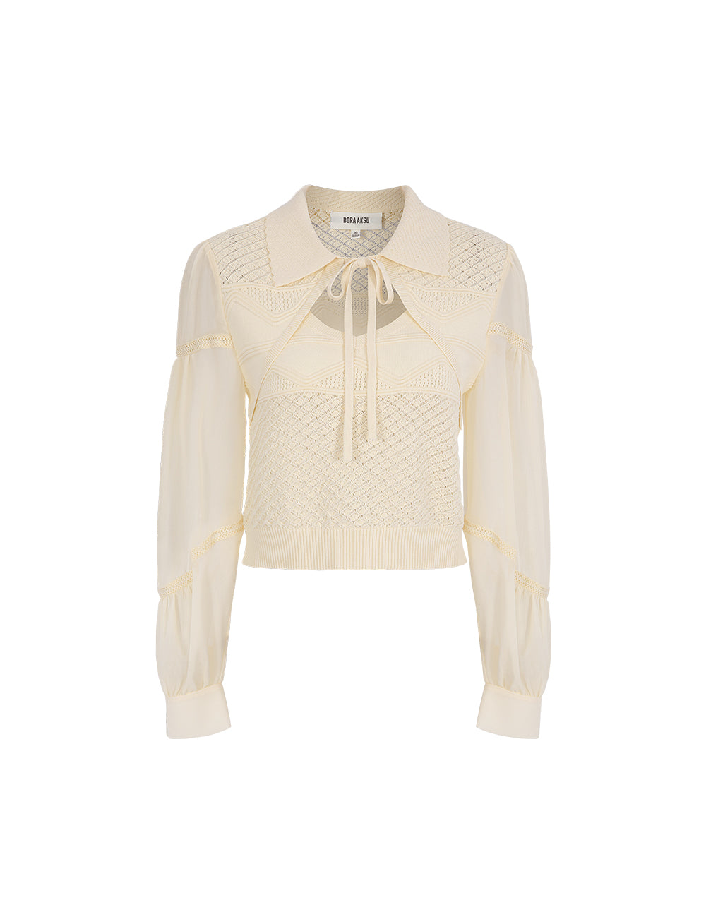 BORA AKSU Bow-Tie Collared Cutout Puff-Sleeve Knitted Sweater