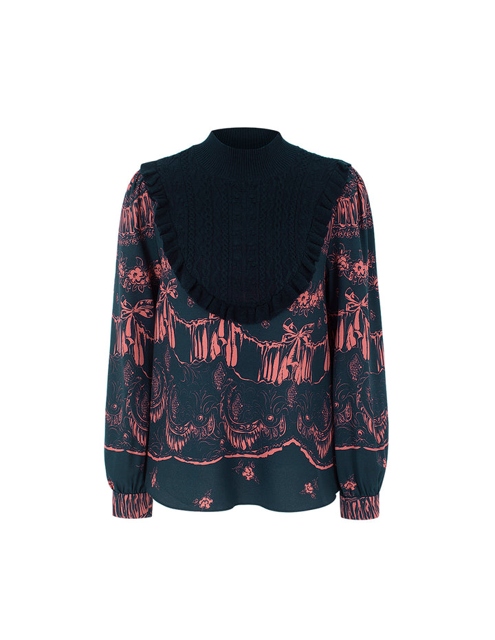 BORA AKSU Semi-High Neck Wool Knit Patchwork Print Top