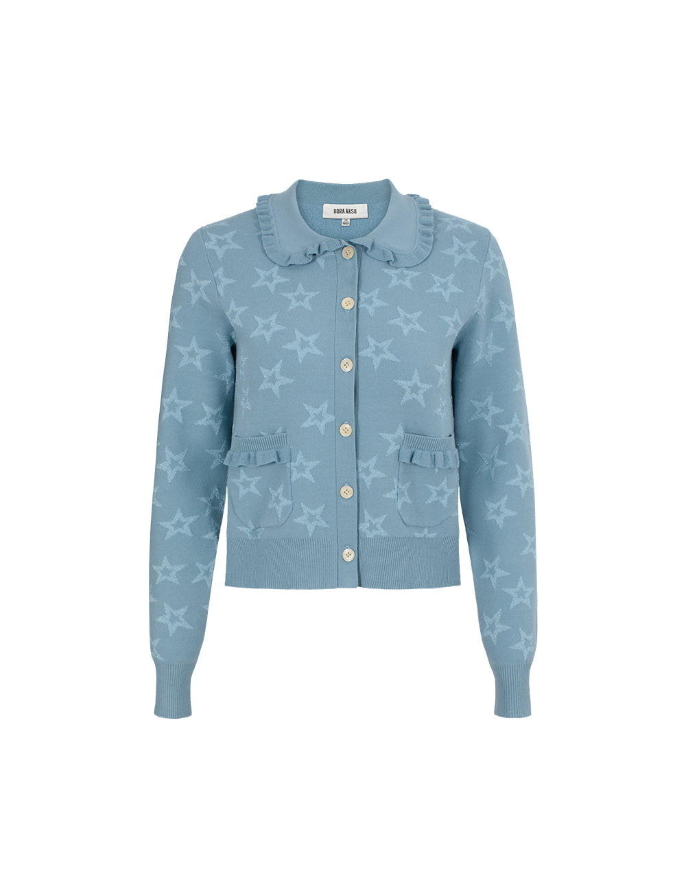 BORA AKSU Ruffled Peter Pan Collar Star Pattern Jacquard Long Sleeve Knit Cardigan
