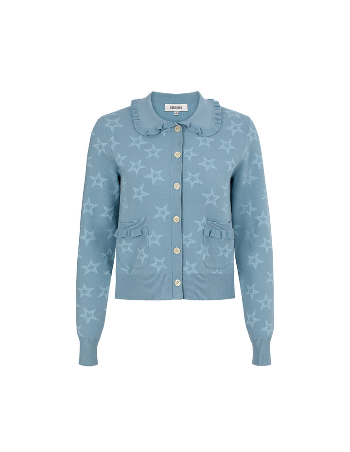 BORA AKSU Ruffled Peter Pan Collar Star Pattern Jacquard Long Sleeve Knit Cardigan