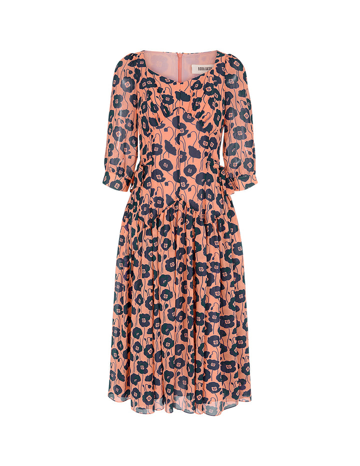 BORA AKSU Diamond Collar Short Bubble Sleeve Empire Red Floral Printed Midi Dress