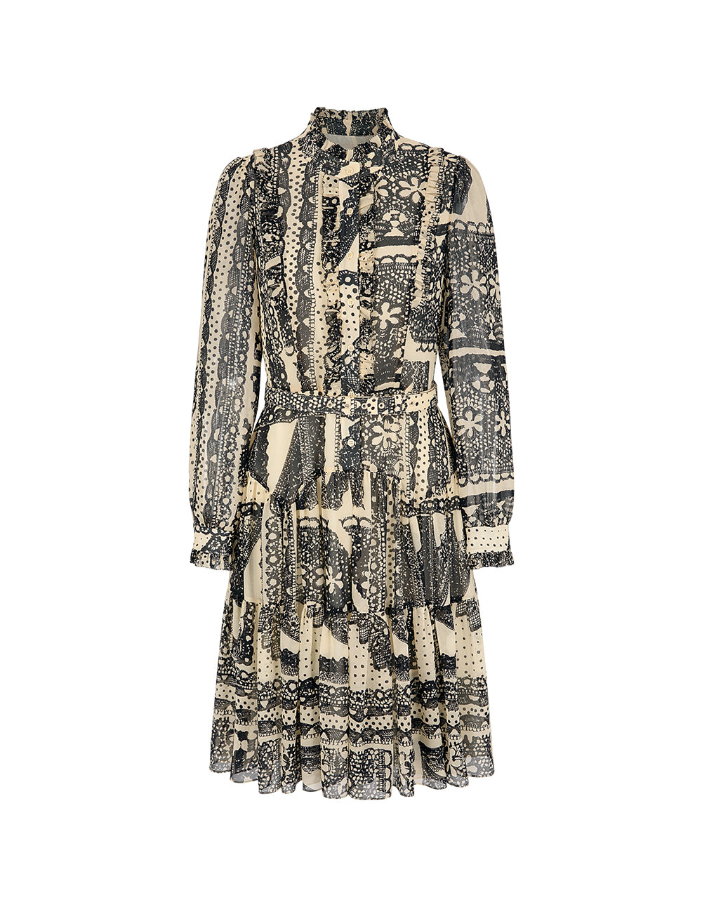 BORA AKSU Bubble Sleeve Mandarin Collar Printed Pleated Midi Dress