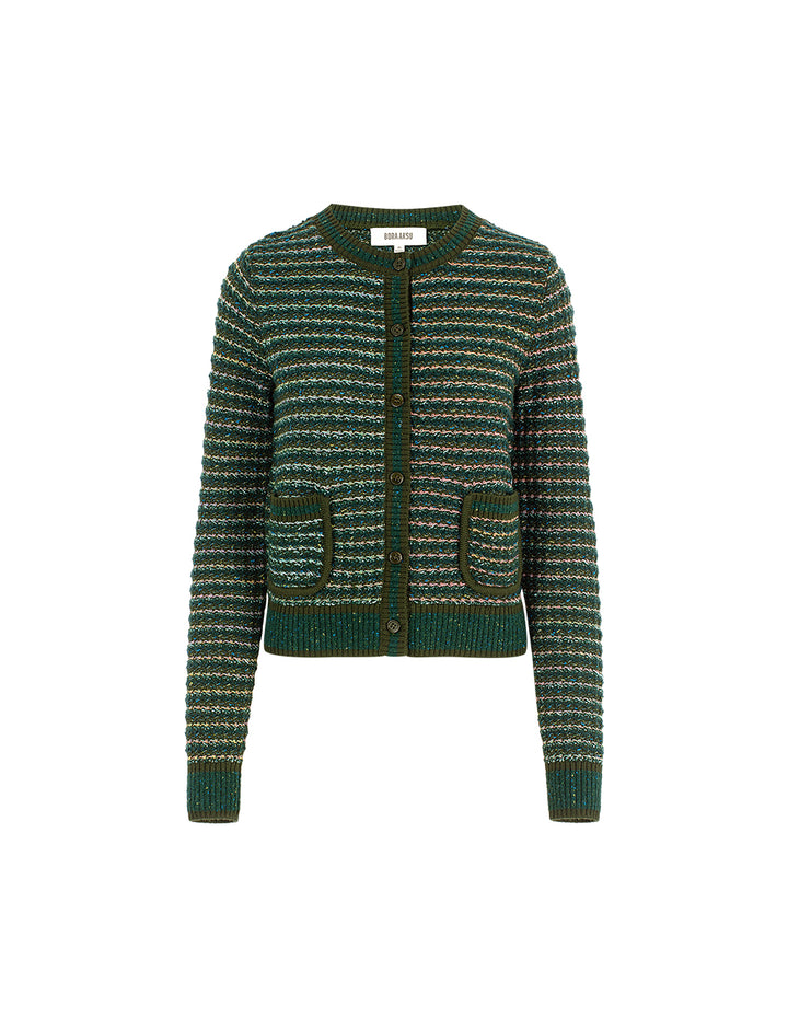 BORA AKSU Ribbed Round Neck Long Sleeve Blue-Green Variegated Stripe Loose Fit Knitted Cardigan