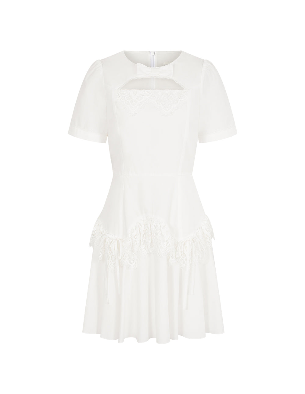 BORA AKSU Round Neck Puff Short-Sleeve Hollow Lace Trim Pleated Midi Dress