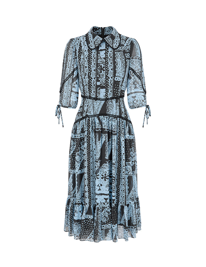 BORA AKSU Puff-Sleeve Silk Floral Print Pleated Midi Dress