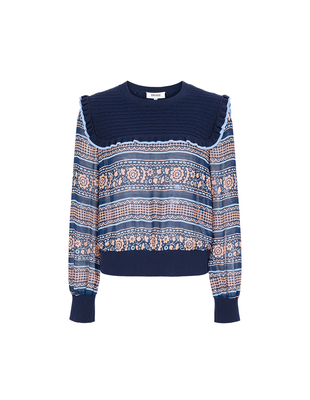 BORA AKSU Round-Neck Ruffles Bubble Sleeve Print Top