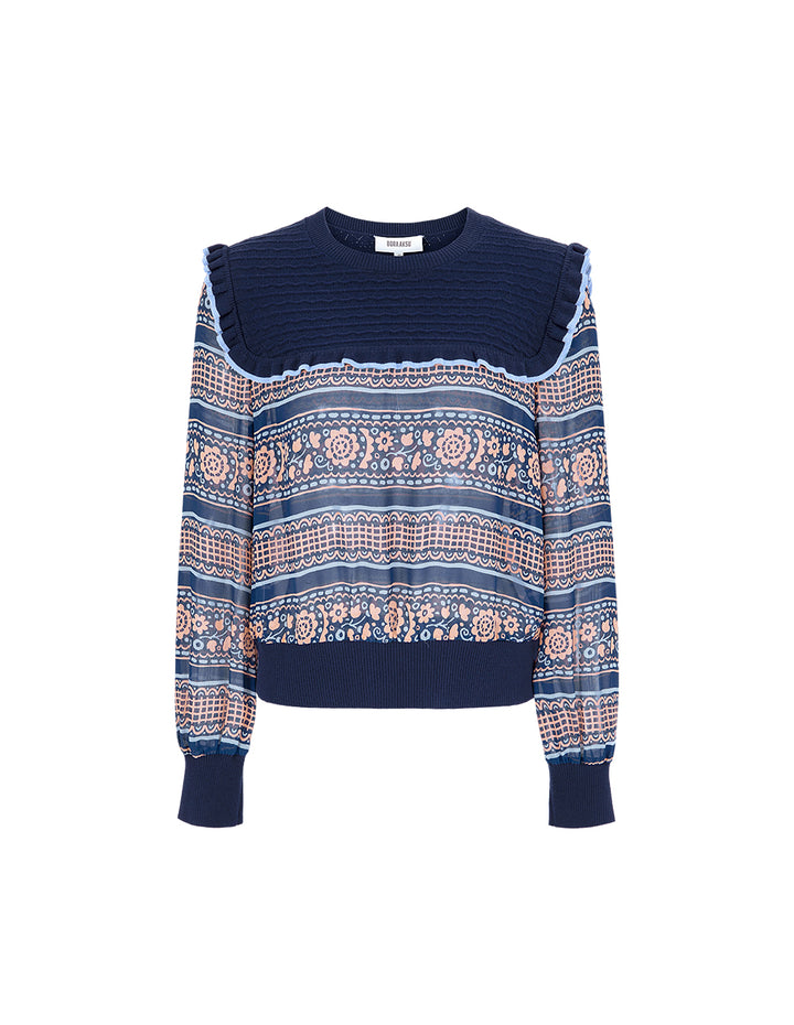 BORA AKSU Round-Neck Ruffles Bubble Sleeve Print Top