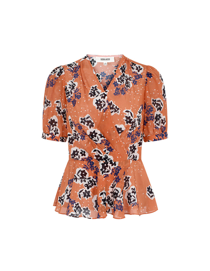 BORA AKSU V-Neck Short Sleeve Floral Print Wrap Top