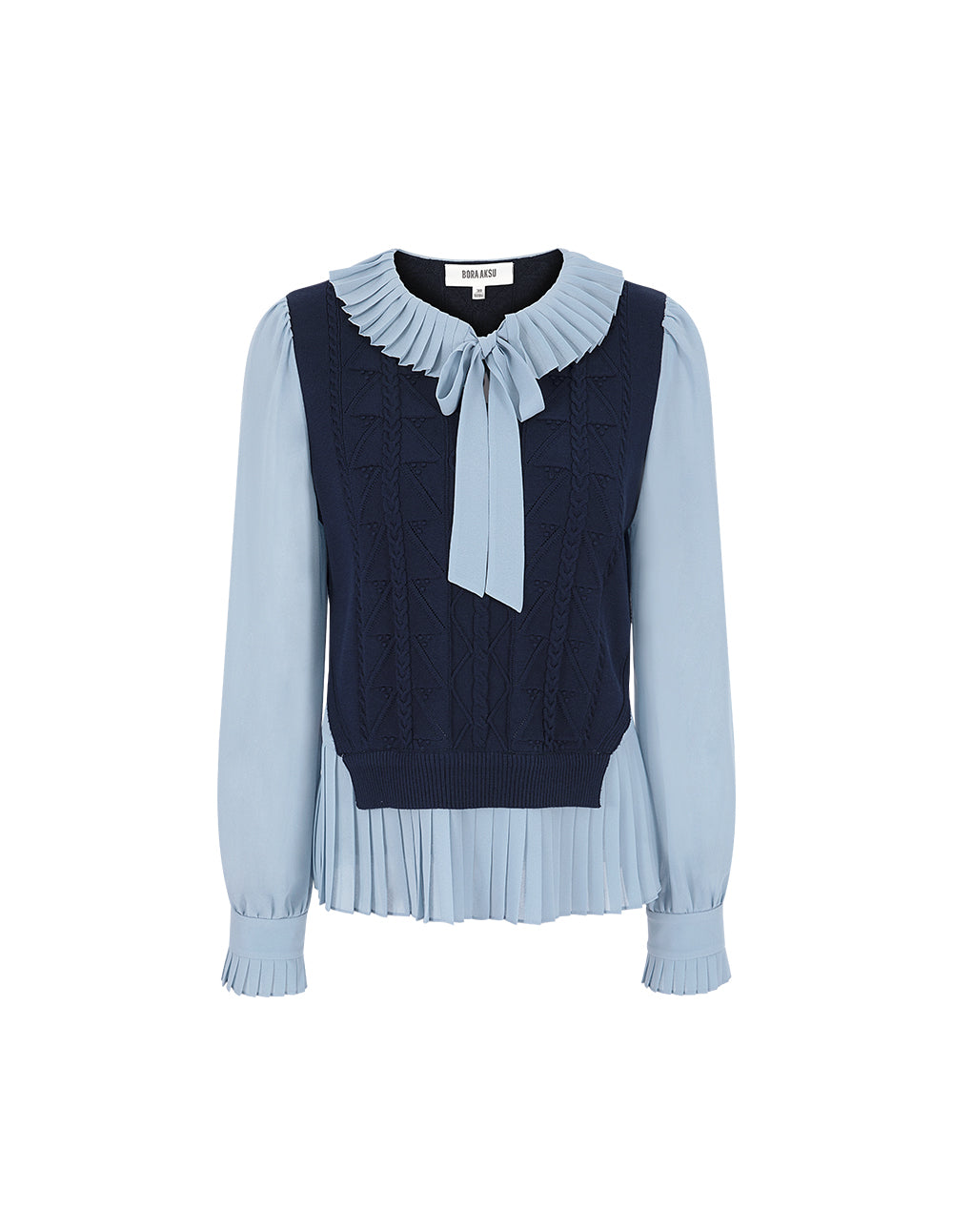 BORA AKSU Lapel-Doll Tie Collar Puff Long Sleeve Peplum Patchwork Blouse