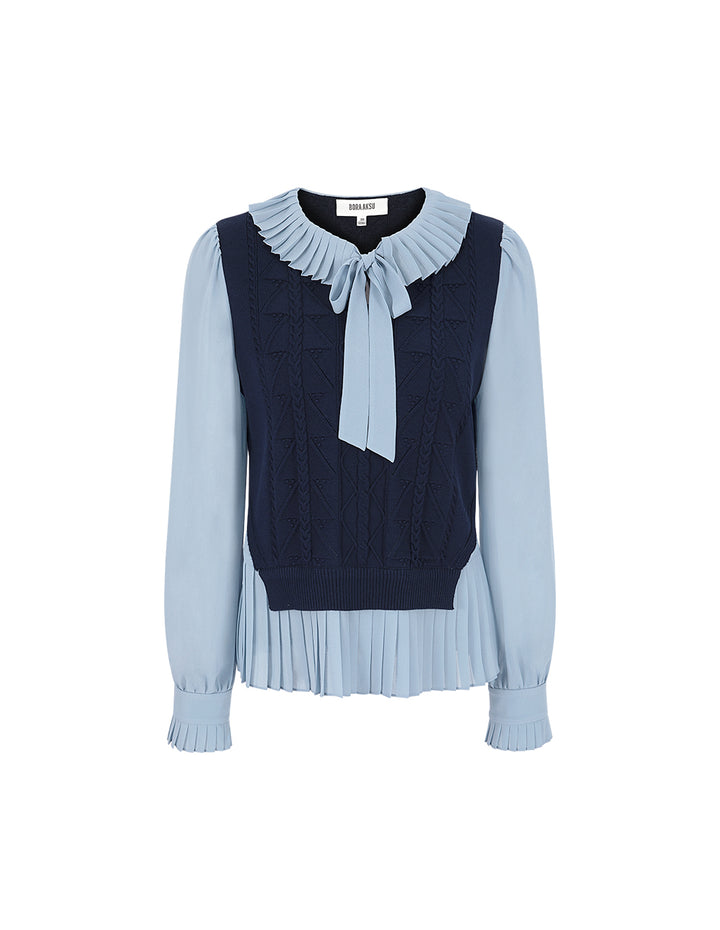 BORA AKSU Lapel-Doll Tie Collar Puff Long Sleeve Peplum Patchwork Blouse