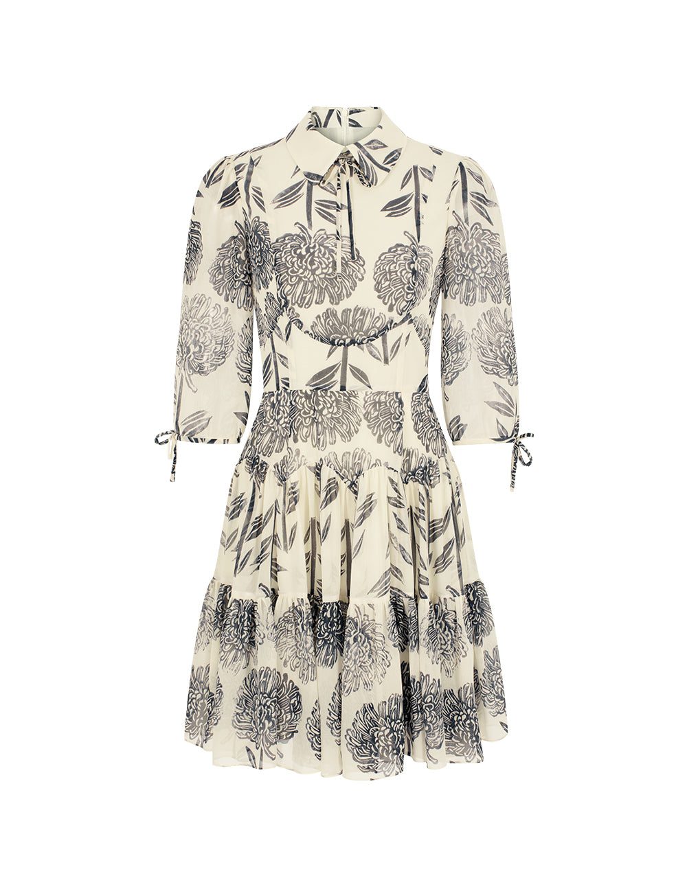 BORA AKSU Collar Sheer Dahlia Print Pleated Flounce Midi Shirt Dress