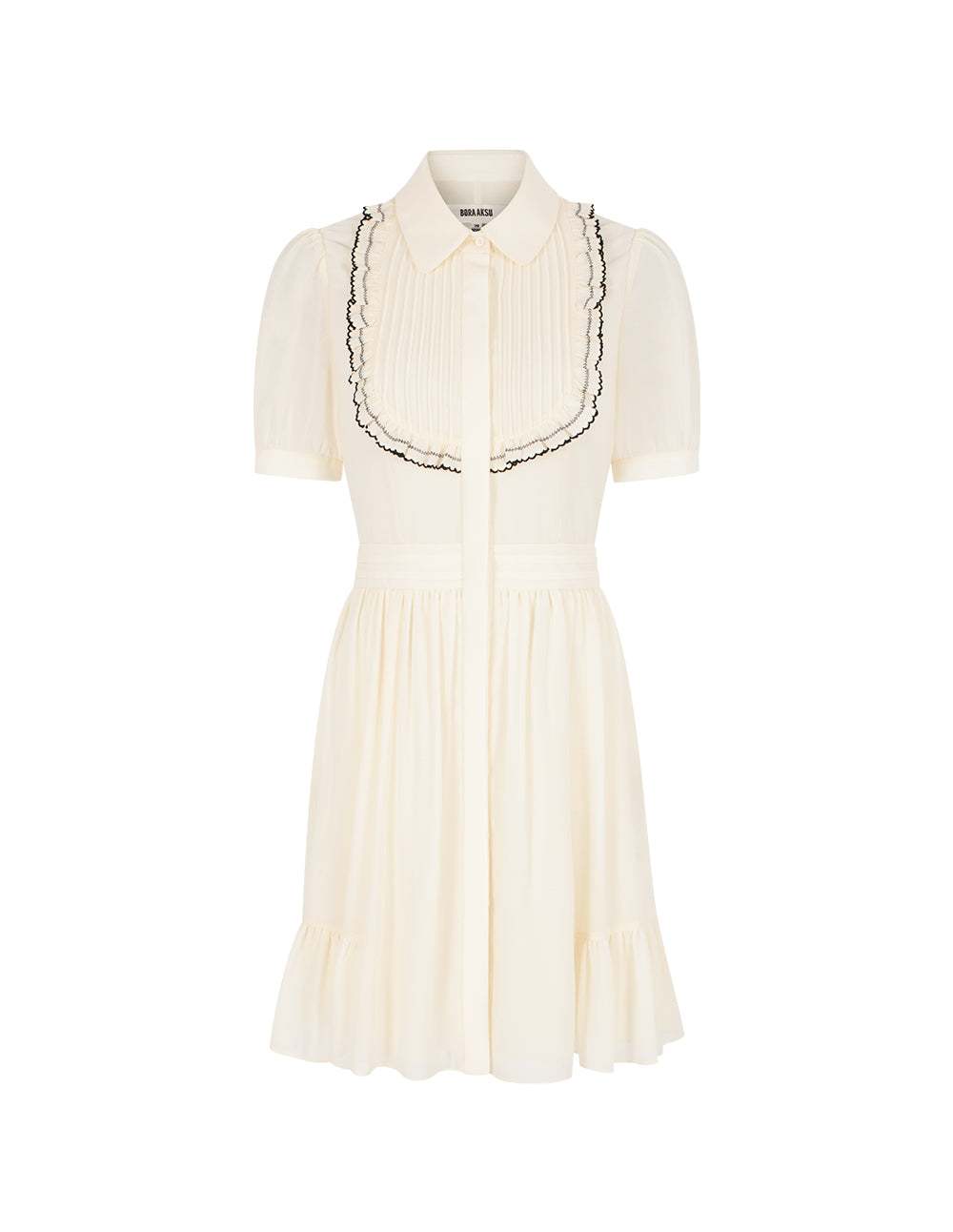 BORA AKSU Turn-Down Collar Puff Short Sleeve Pin-Tuck Black Ruffled-Trimmed Midi Shirt Dress