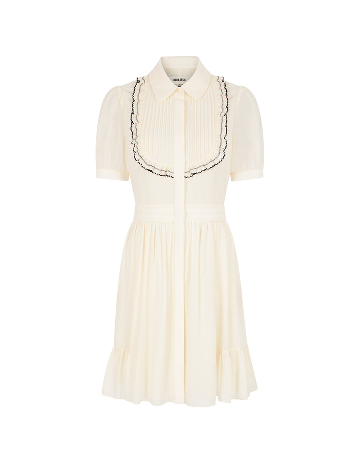 BORA AKSU Turn-Down Collar Puff Short Sleeve Pin-Tuck Black Ruffled-Trimmed Midi Shirt Dress