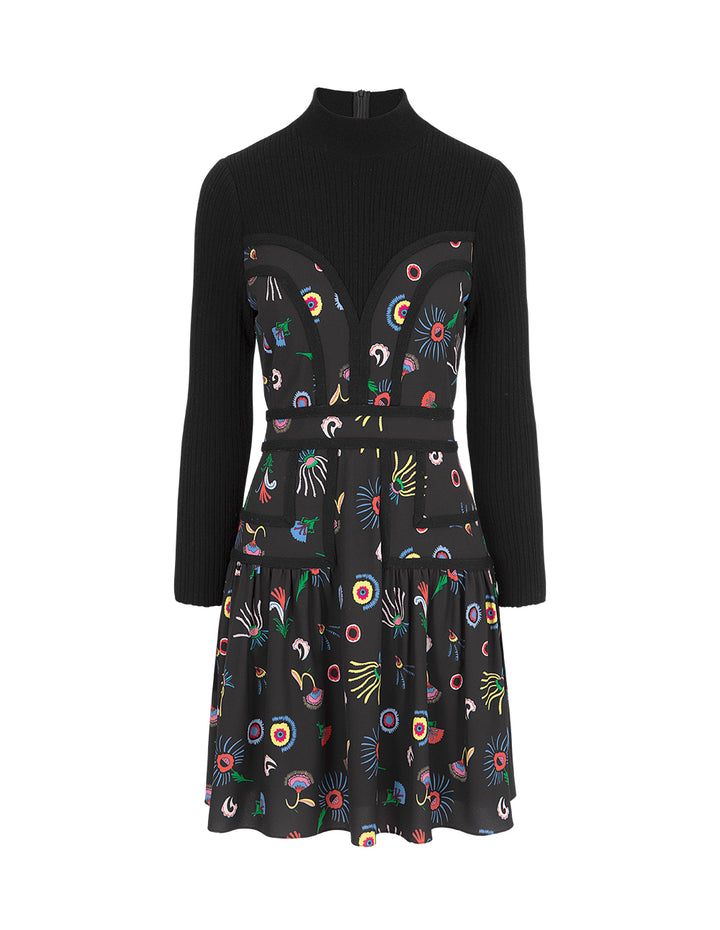 BORA AKSU Printed Stand-Collar A-Line Long-Sleeve Patchwork Knitted Midi Dress