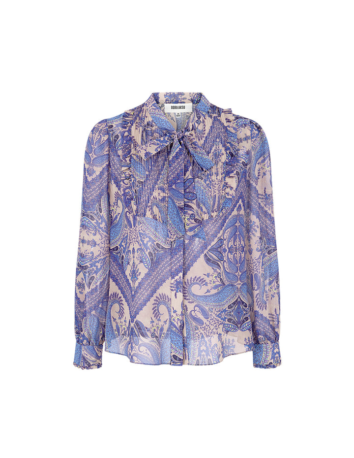 BORA AKSU Butterfly Tie Tuxedo Collar Paisley Print Long Sleeve Blouse