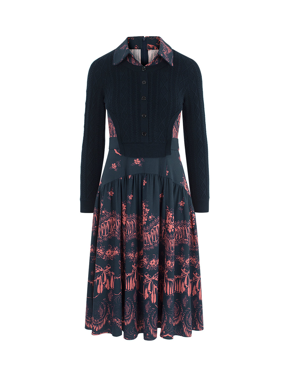 BORA AKSU Notched Collar Wool Knit Patchwork Printed Midi Dress