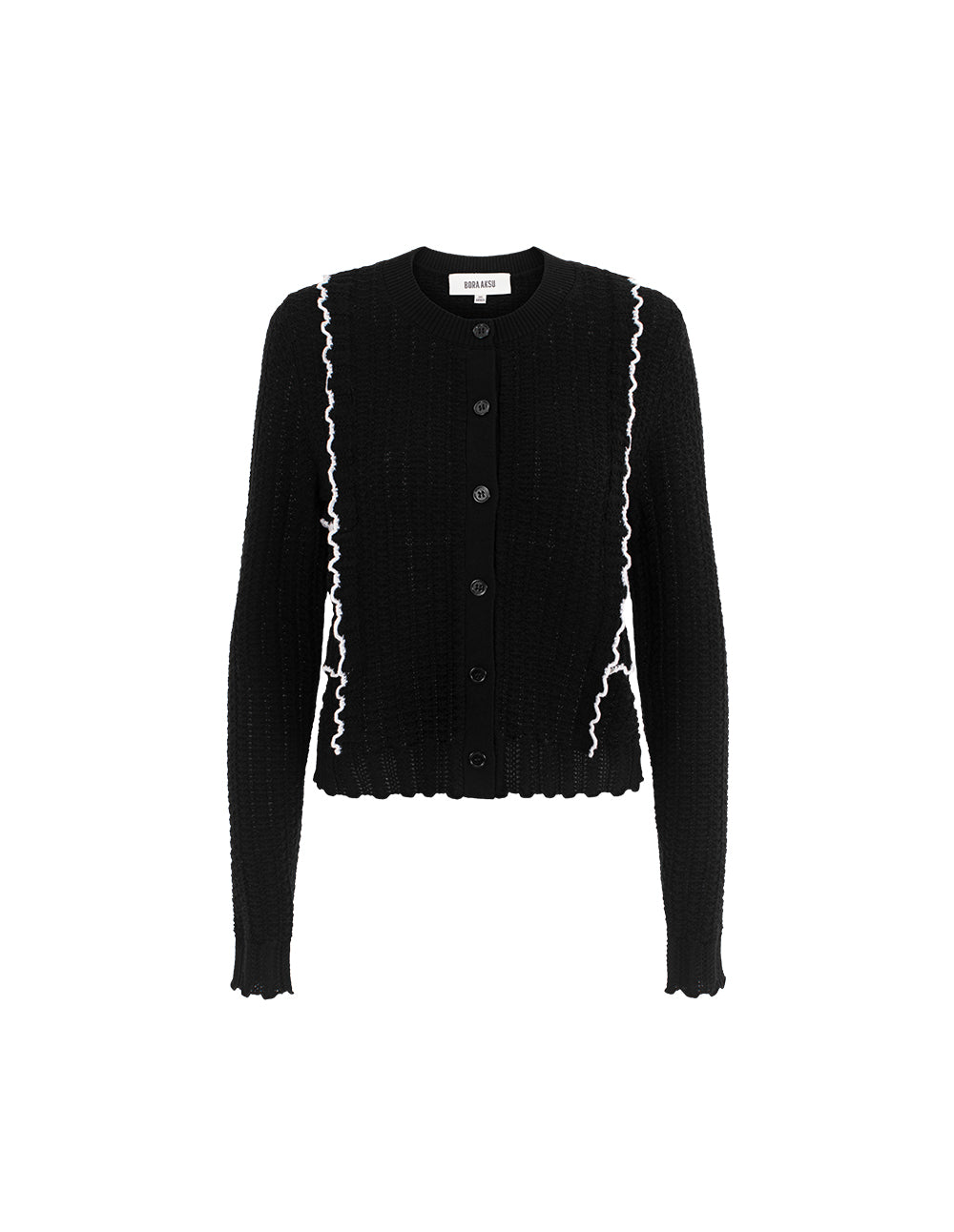 BORA AKSU Round Neck Long Sleeve Openwork White Stripes Knit Cardigan