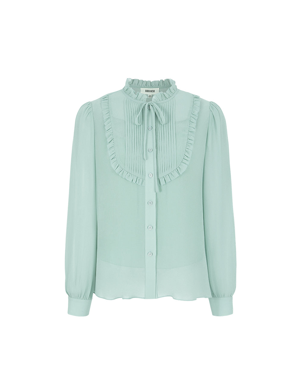 BORA AKSU Round Ruffle Tuxedo Collar Puff Long Sleeve Silk Blend Blouse