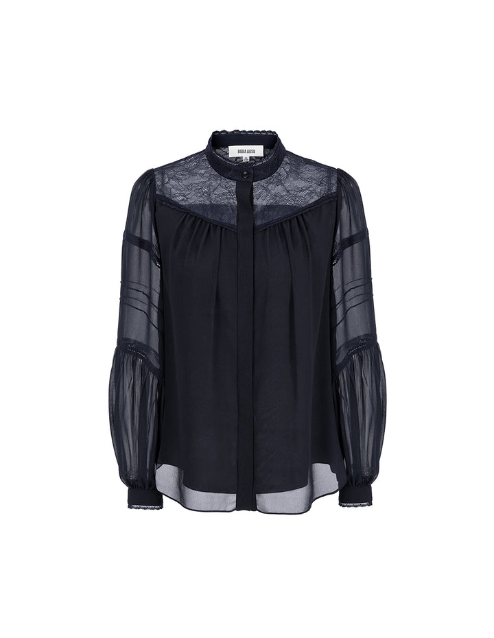 BORA AKSU Stand Collar Puff Sleeve Lace Patchwork Long Sleeve Shirt
