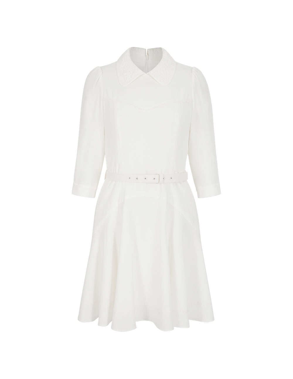 BORA AKSU Peter Pan Collar Puff Sleeve Waist-Tie Pleated Midi White Dress
