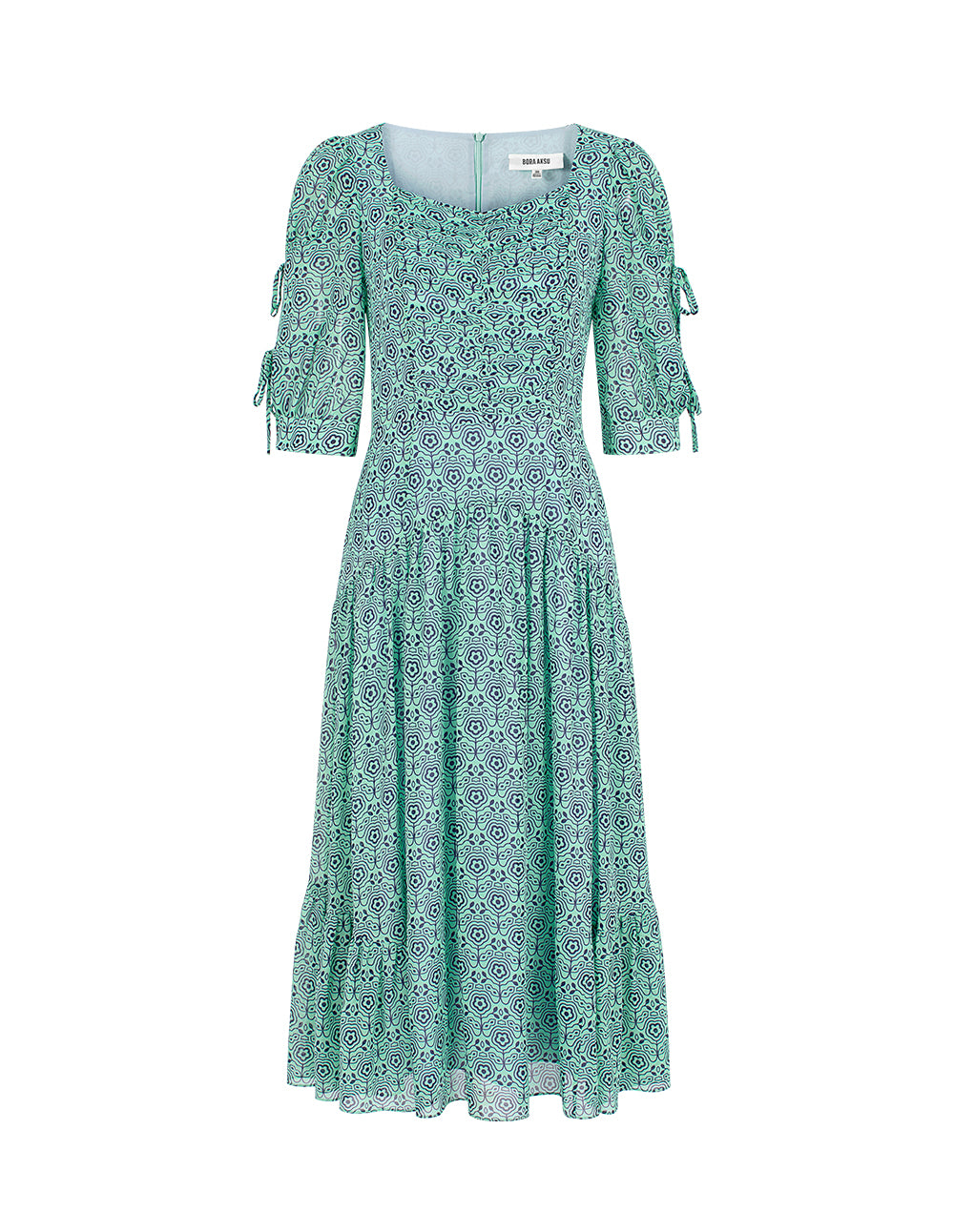 BORA AKSU Diamond Collar Puff Short-Sleeve Empired Print Midi Dress