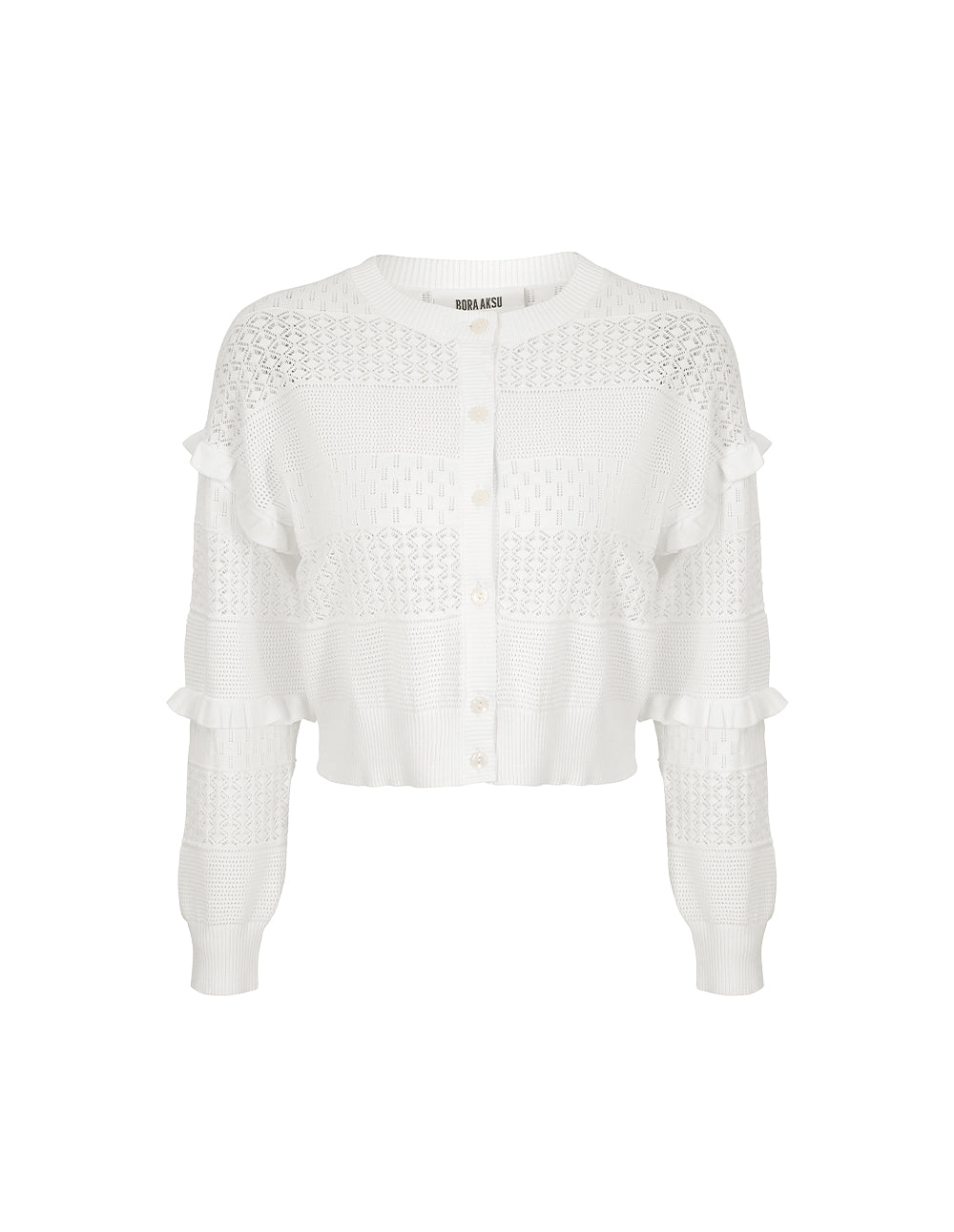 BORA AKSU French Cutout Crew Neck Ruffled Embellished Knitted Cardigan