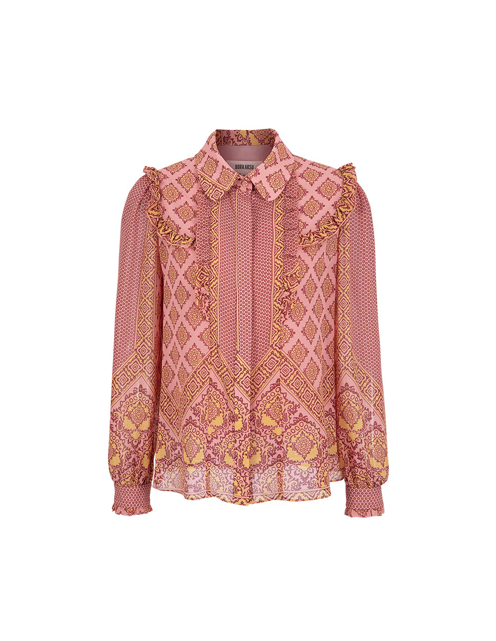 BORA AKSU Bohemian-Printed Blouse With Ruffle Details In Vibrant Pink & Yellow