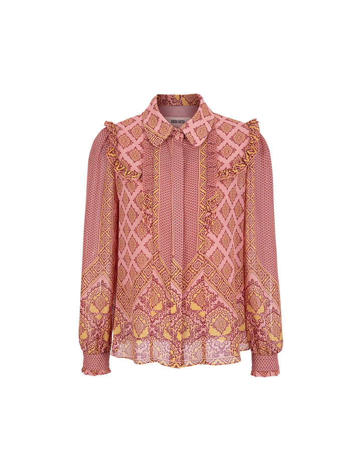 BORA AKSU Bohemian-Printed Blouse With Ruffle Details In Vibrant Pink & Yellow