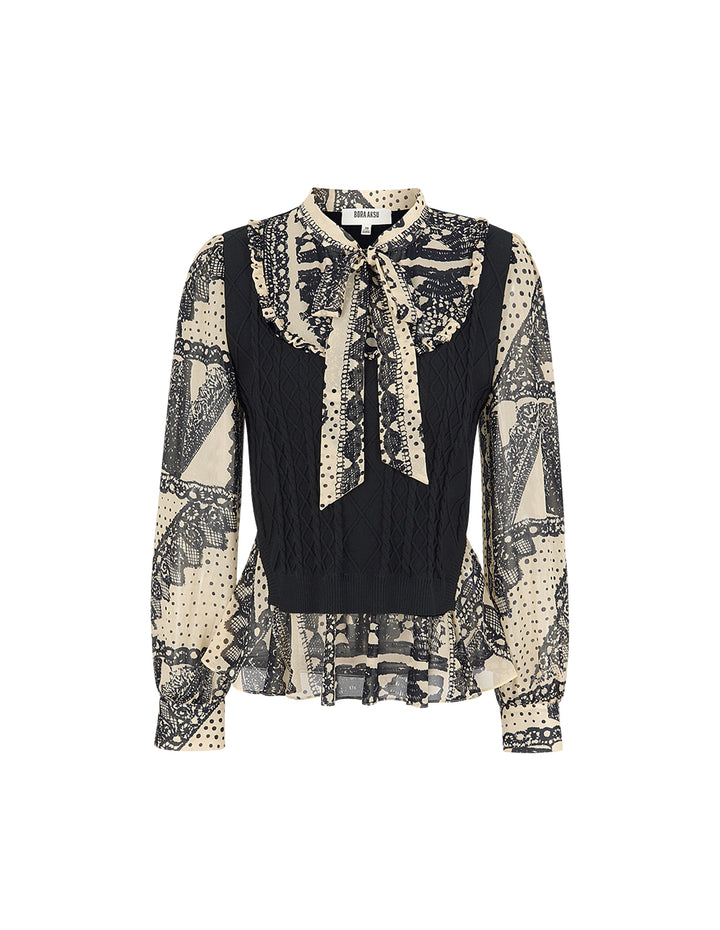 BORA AKSU Bubble Sleeve Patchwork Two-Piece Printed Blouse