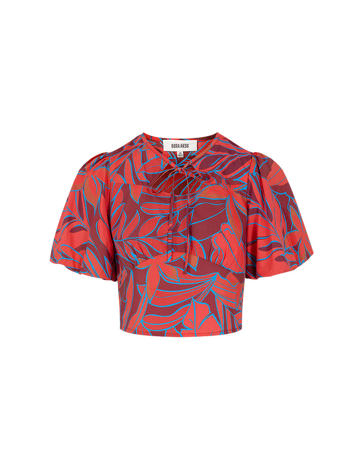 BORA AKSU Bow Tie Round Neck Lantern Sleeve Printed Top