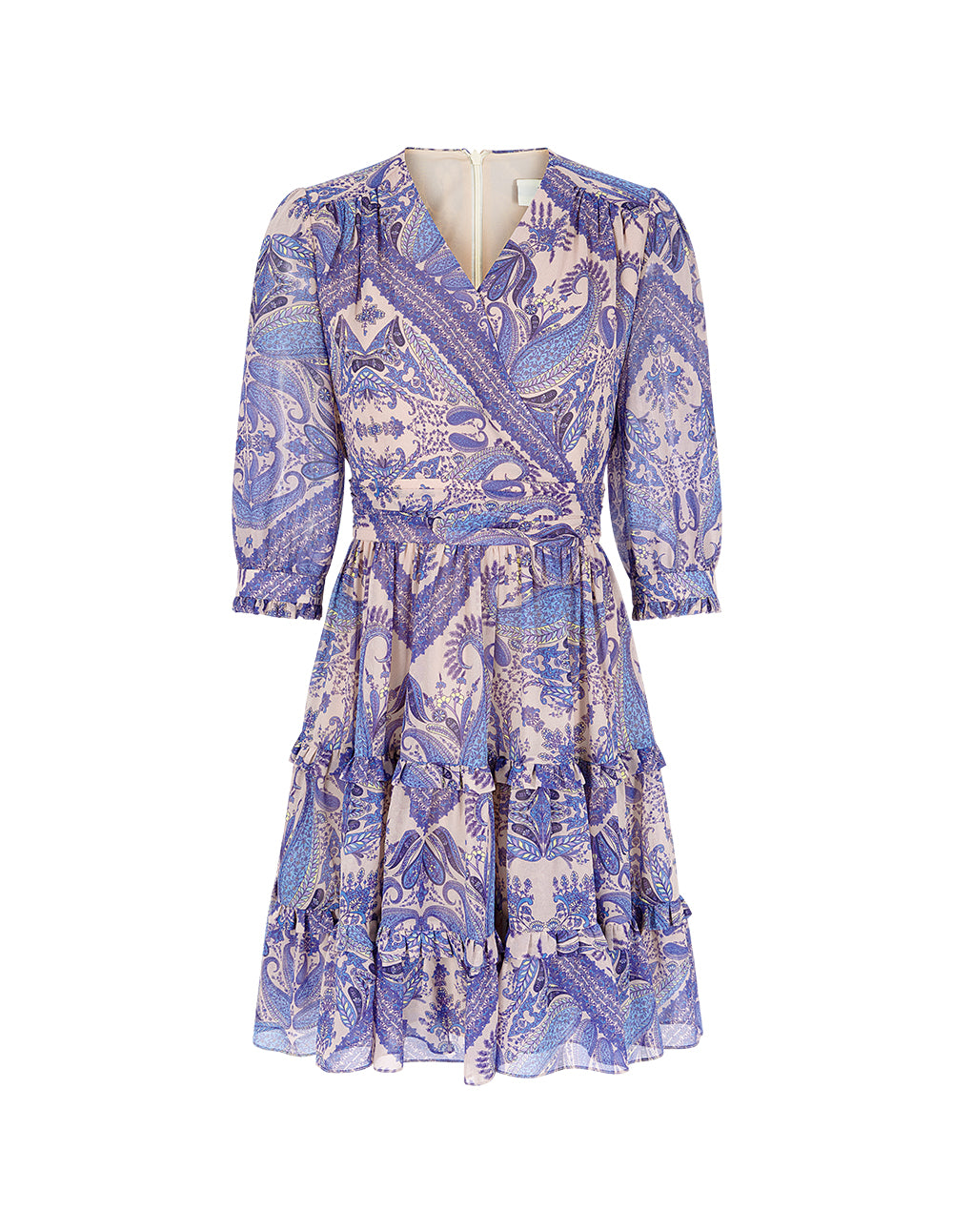 BORA AKSU V-Neck Puff-Sleeve Wrap Paisley Print Pleated Prairie Dress