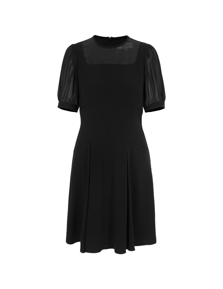 BORA AKSU Round-Neck Puff Short-sleeved Empire-Waist Pleated Black Midi Dress