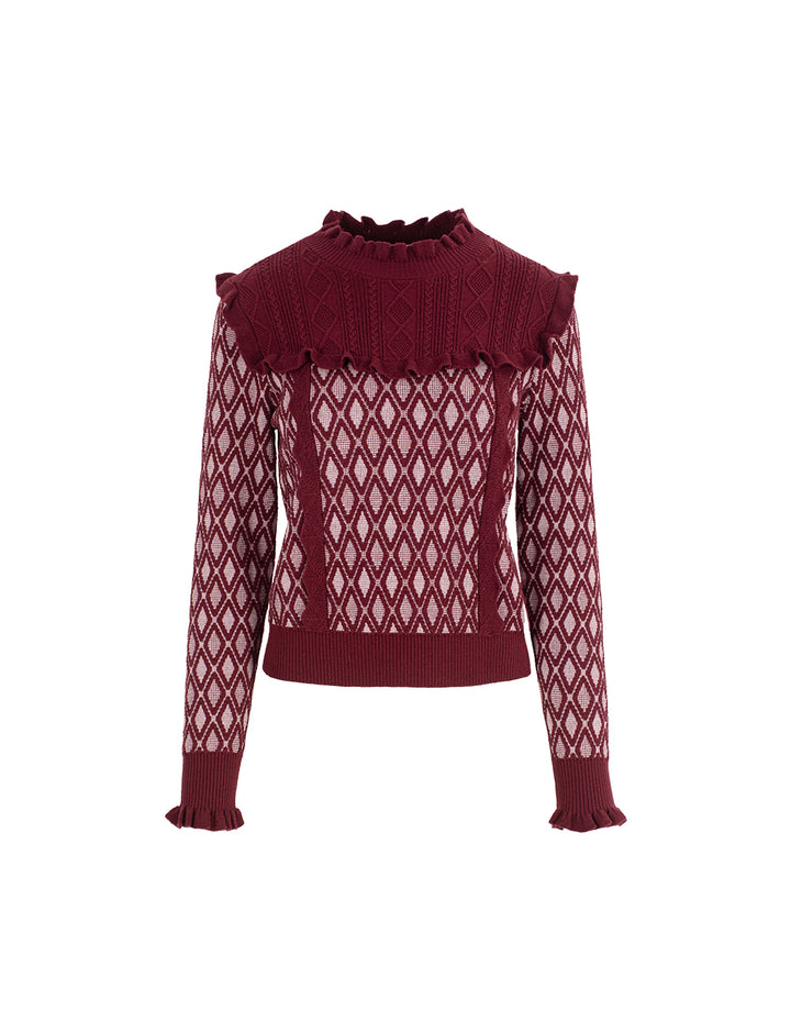 BORA AKSU Ruffled Turtleneck Cape Patchwork Double-Layer Diamond Pattern Knit Pullover