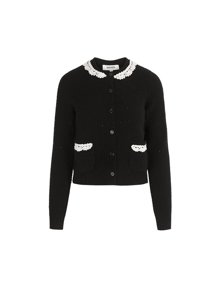 BORA AKSU Round Neck White Sequined Lace Trim Long Sleeve Knit Cardigan