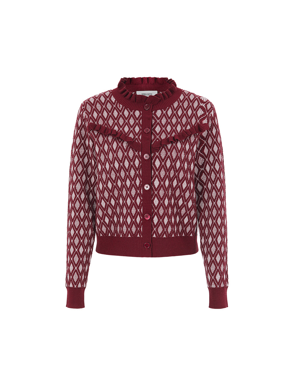 BORA AKSU Ruffled Turtleneck Diamond Pattern Wool Knit Cardigan