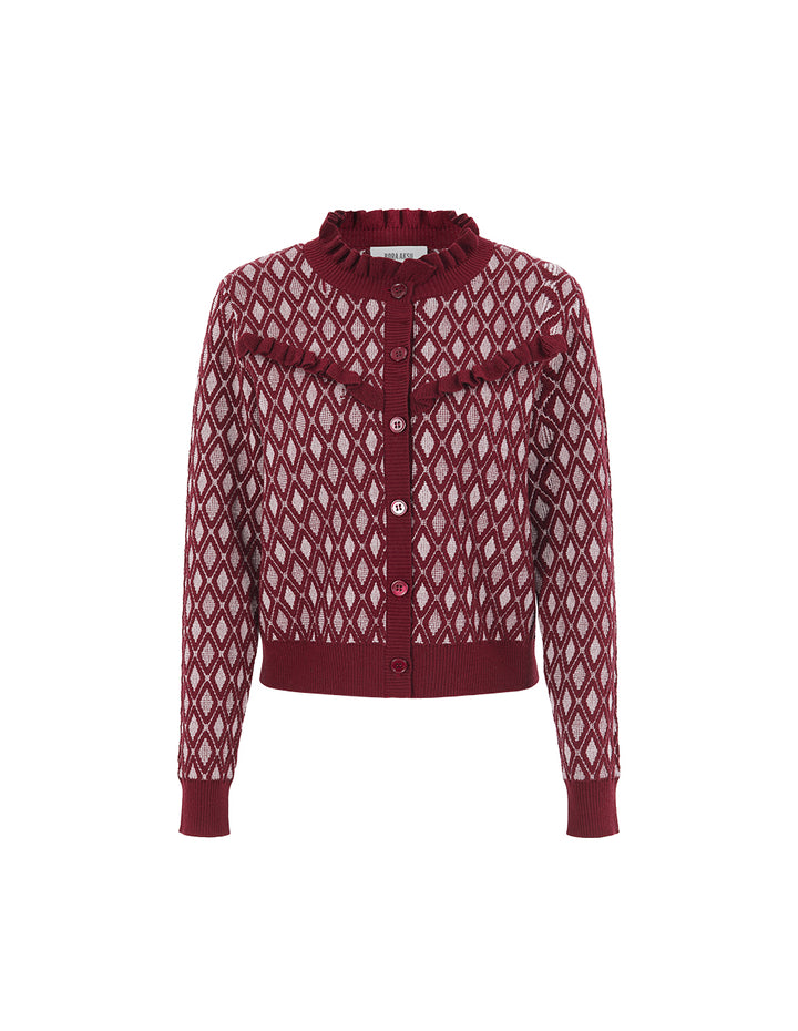 BORA AKSU Ruffled Turtleneck Diamond Pattern Wool Knit Cardigan