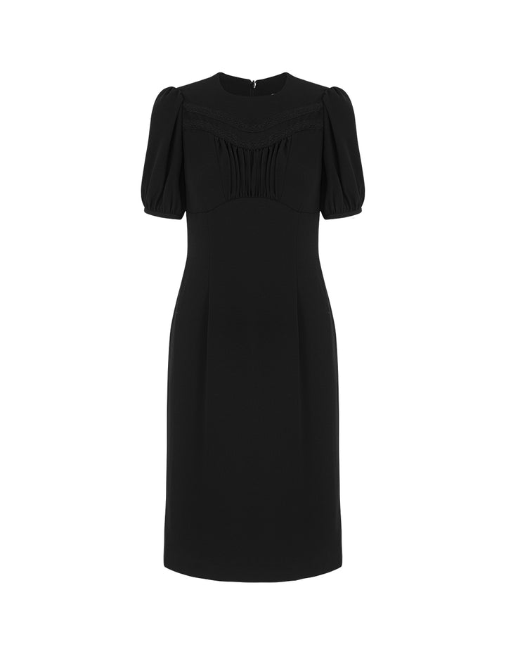 BORA AKSU Round-Neck Puff Short-Sleeve Pin-Tuck Lace-Trimmed Empire-Waist Pleated Midi Dress