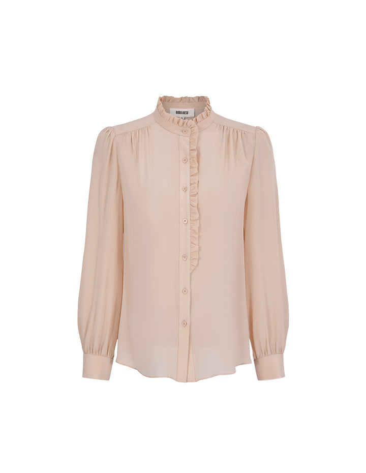 BORA AKSU Mulberry Silk Puff-Sleeved Elegant Ruffles Stand-Collar Blouse