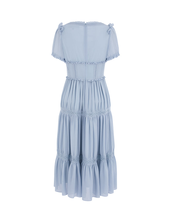 BORA AKSU Round Neck Ruffle Short-Sleeve Lace Pleated Midi Prairie Dress